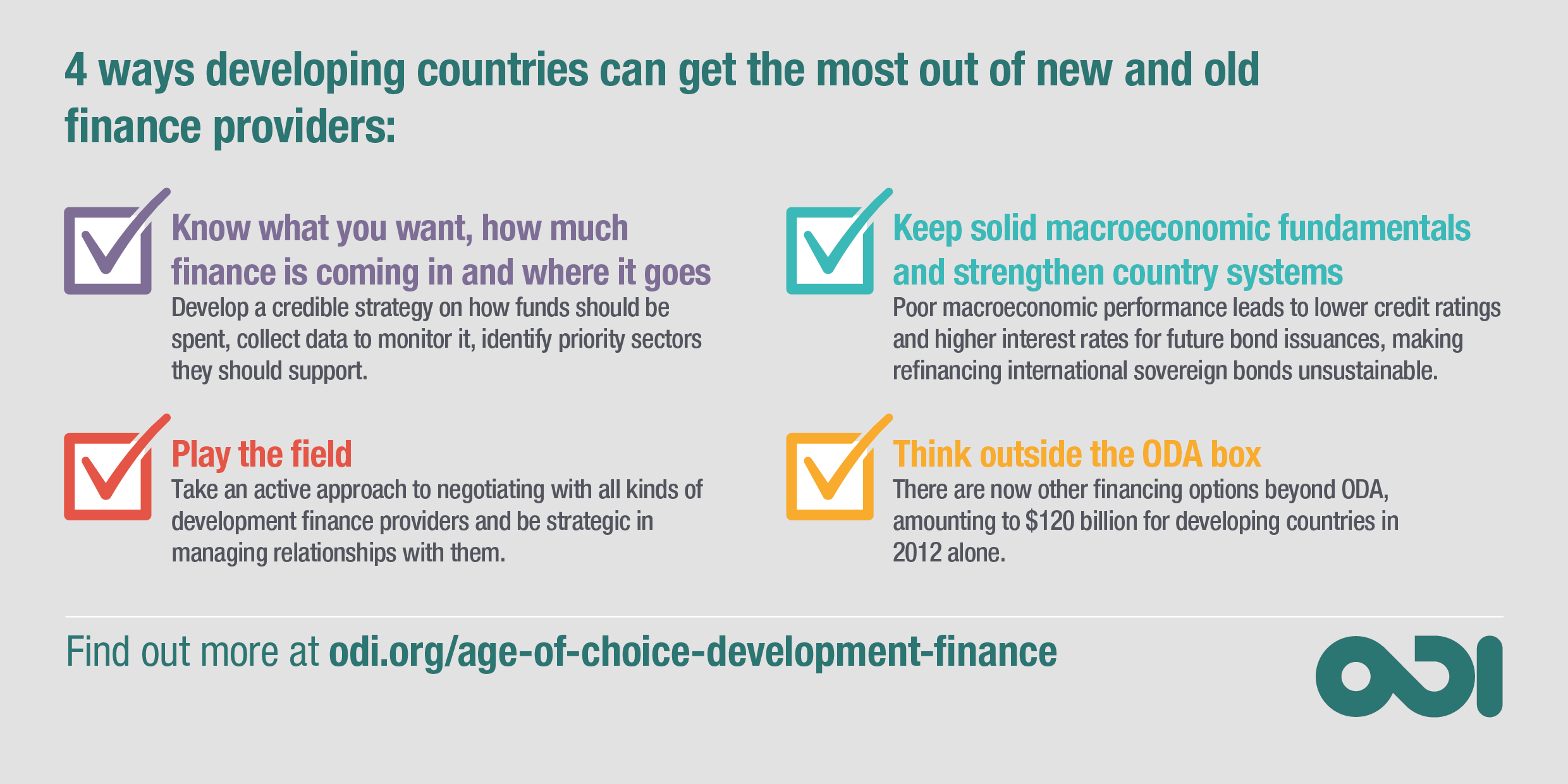 Infographic: four ways developing countries can get the most out of new and old finance providers
