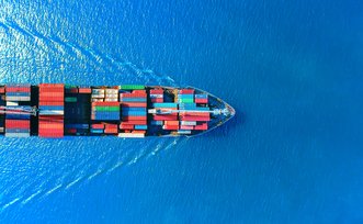 Aerial top view container ship