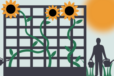 Sunflowers grow against a lattice framework; figures either side hold watering cans