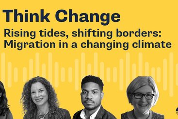 Think Change episode 42 banner. 4 headshots on a yellow background