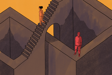 An illustration of 2 people at different points on a staircase, echoing the 