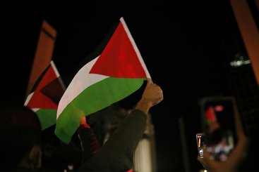 Person holding up the Palestinian flag