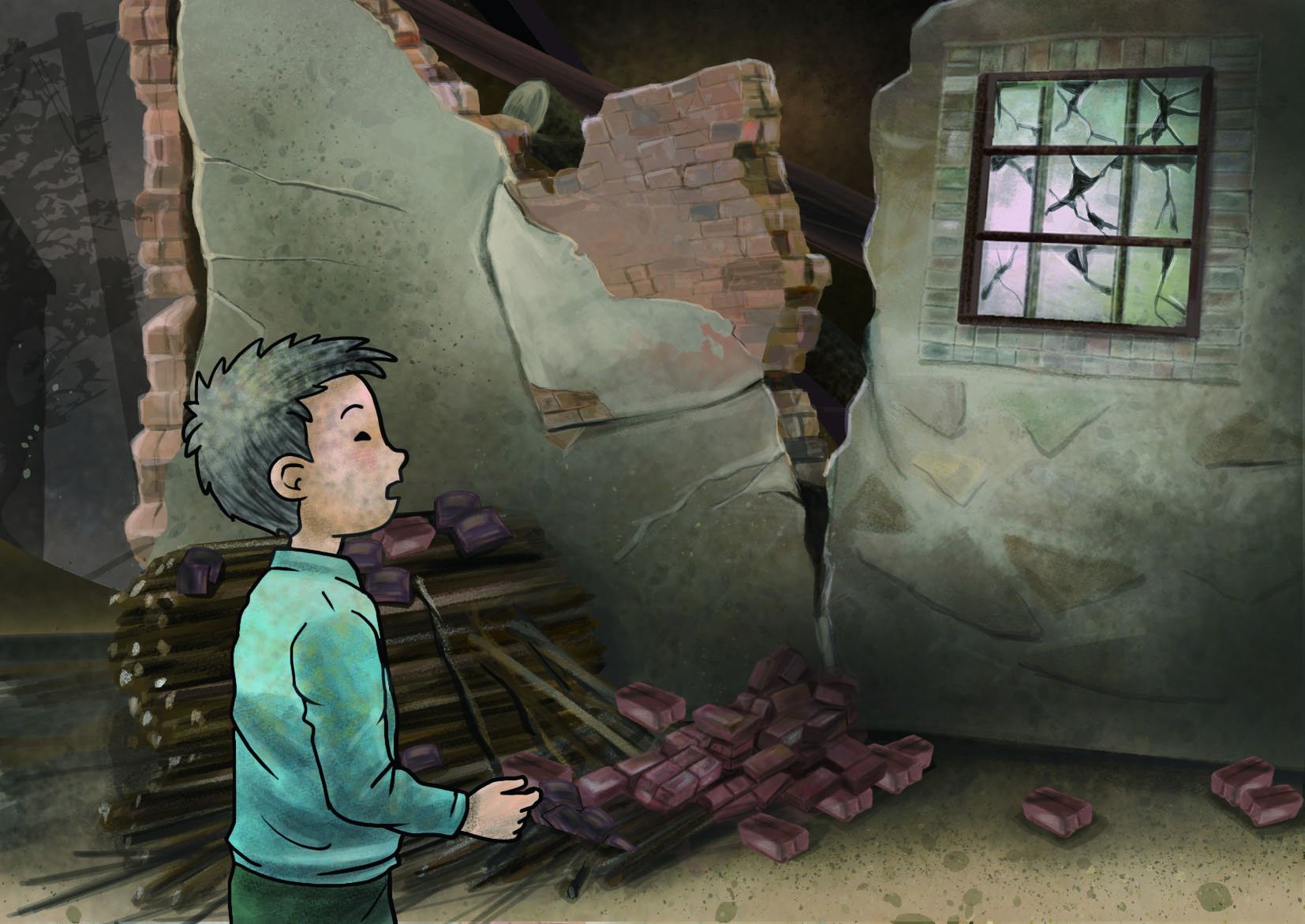 Xiaoshuai finds his house destroyed by an earthquake – an illustration from PAGER-O project&#039;s earthquake resilience scenario narrative. Illustrator: Siu Kuen Lai