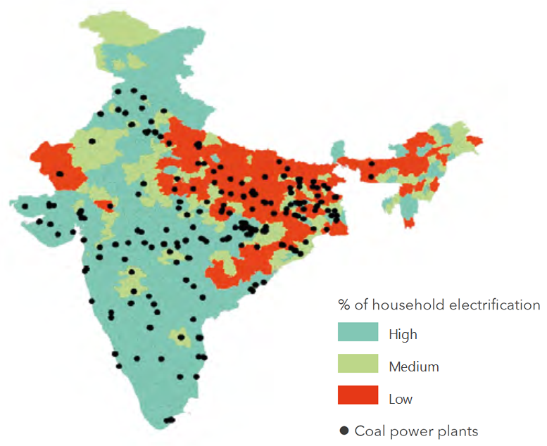 Map: household electrification rates around major coal fired power plants in India