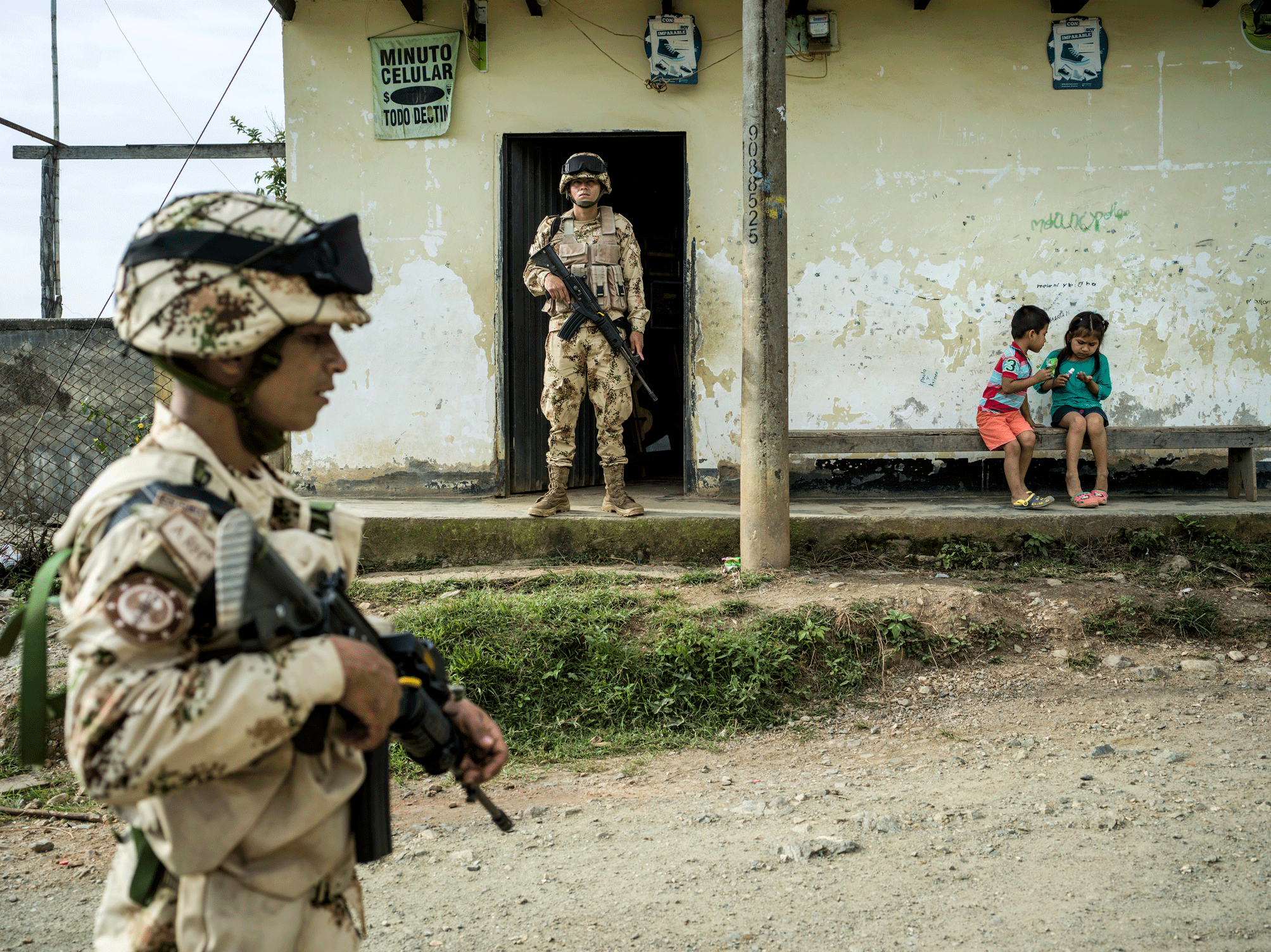Armed soldiers from the Colombian national army stationed near Corinto as part of the UN mission as prescribed by the peace accord between the Colombian government and the FARC