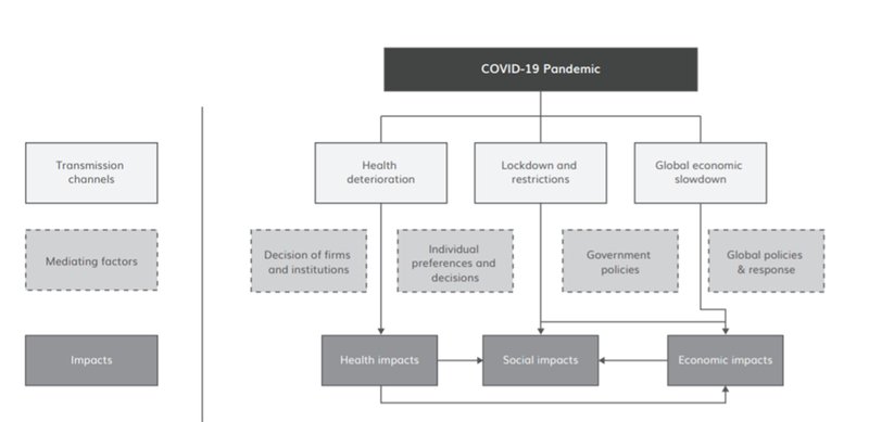 Figure 4: Transmission channels of the Covid-19 pandemic in lower-income countries. Showing the relationship between transmission channels, mediating factors and health, social and economic impacts.