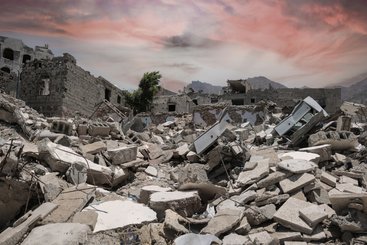 Yemeni house destroyed because of the Yemen war, Taiz.